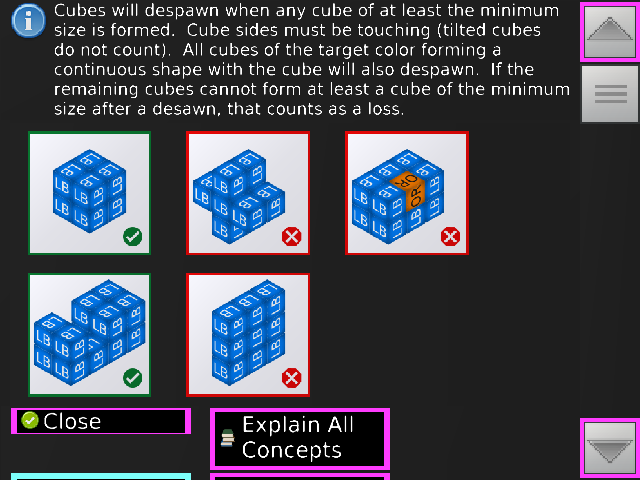 Cubes will despawn when any cube of at least the minimum size is formed.  Cube sides must be touching (tilted cubes do not count).  All cubes of the target color forming a continuous shape with the cube will also despawn.  If the remaining cubes cannot form at least a cube of the minimum size after a desawn, that counts as a loss.