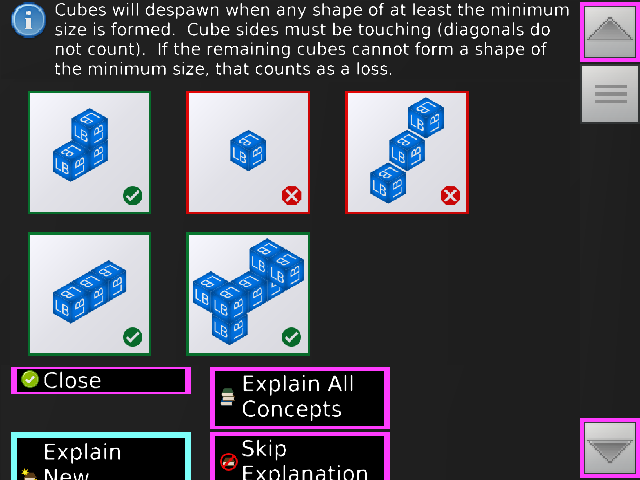 Cubes will despawn when any shape of at least the minimum size is formed.  Cube sides must be touching (diagonals do not count).  If the remaining cubes cannot form a shape of the minimum size, that counts as a loss.